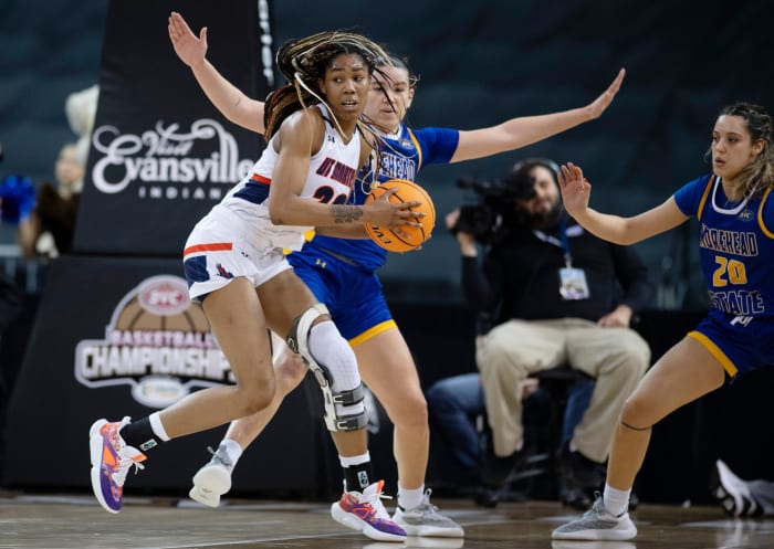 Tennessee Martin's Sharnecce Currie-Jelks (23) is guarded by Morehead State's Sophie Benharouga (14) during their first round game of the Ohio Valley Conference Women's Basketball Championship at Ford Center in Evansville, Ind., Wednesday afternoon, March 1, 2023.